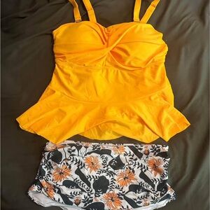 Vibrant Yellow Tankini Top with Floral Bottoms